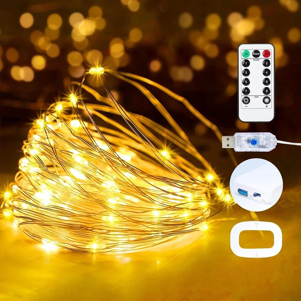 Warm White LED Fairy String Lights USB Powered with Remote 8 Modes Dimmable